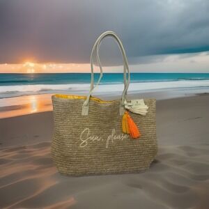 Image Bag Straw Wicker Ratan Beach Vacation Sun Please Tassel Lined Pockets Snap